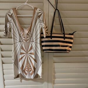 Beautiful metallic rose gold Bebe dress with Aldo bag. Figure enhancing!